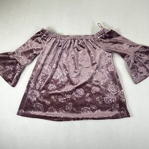 Current Project Floral Velvet Top Off Shoulder Bell Sleeve Blouse Mauve Small
